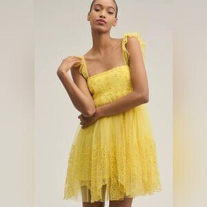 NWT ANTHROPOLOGIE x LET ME BE Yellow Eyelet Tulle Lace Mini Dress Size XS